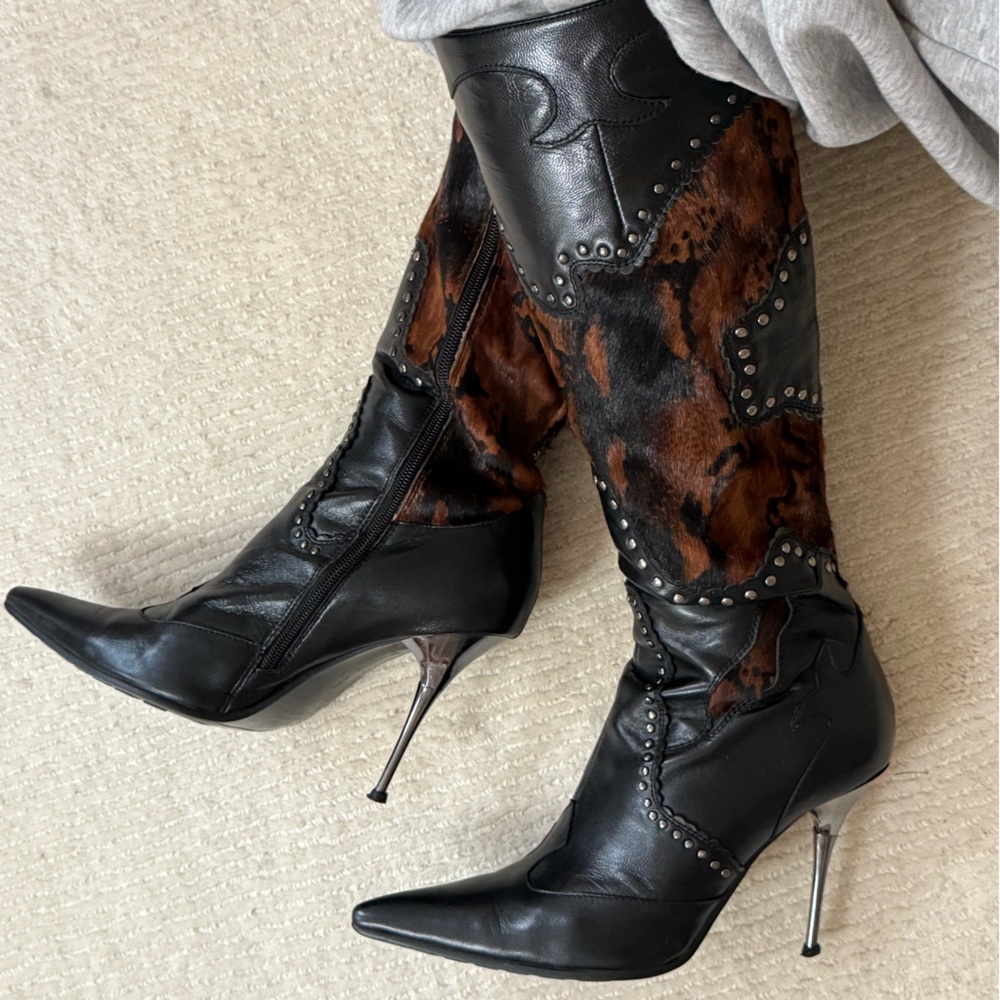 Knee High Leather Boots High Heel Ponyhair Calfskin